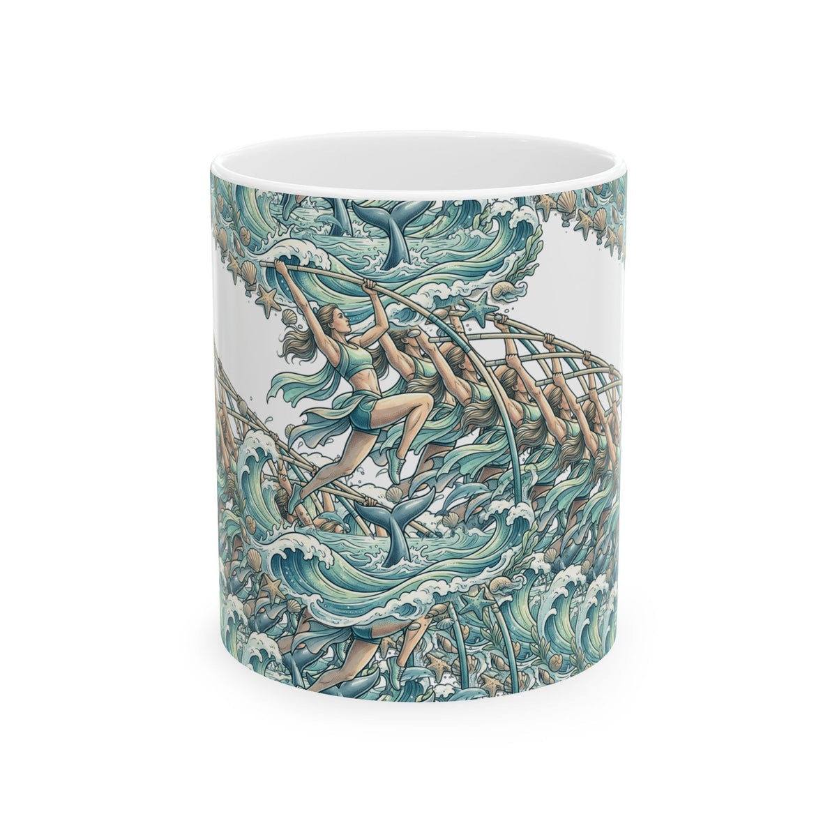 Copy of Pole Vaulter Mermaid Waves Ceramic Mug — Athletic Ocean Art Coffee Cup