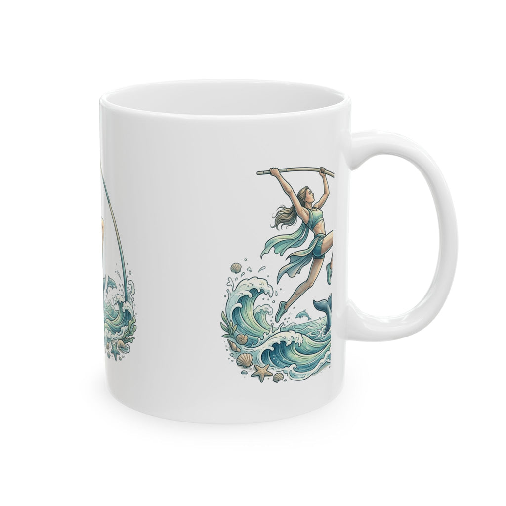 Pole Vaulter Mermaid Waves Ceramic Mug — Athletic Ocean Art Coffee Cup