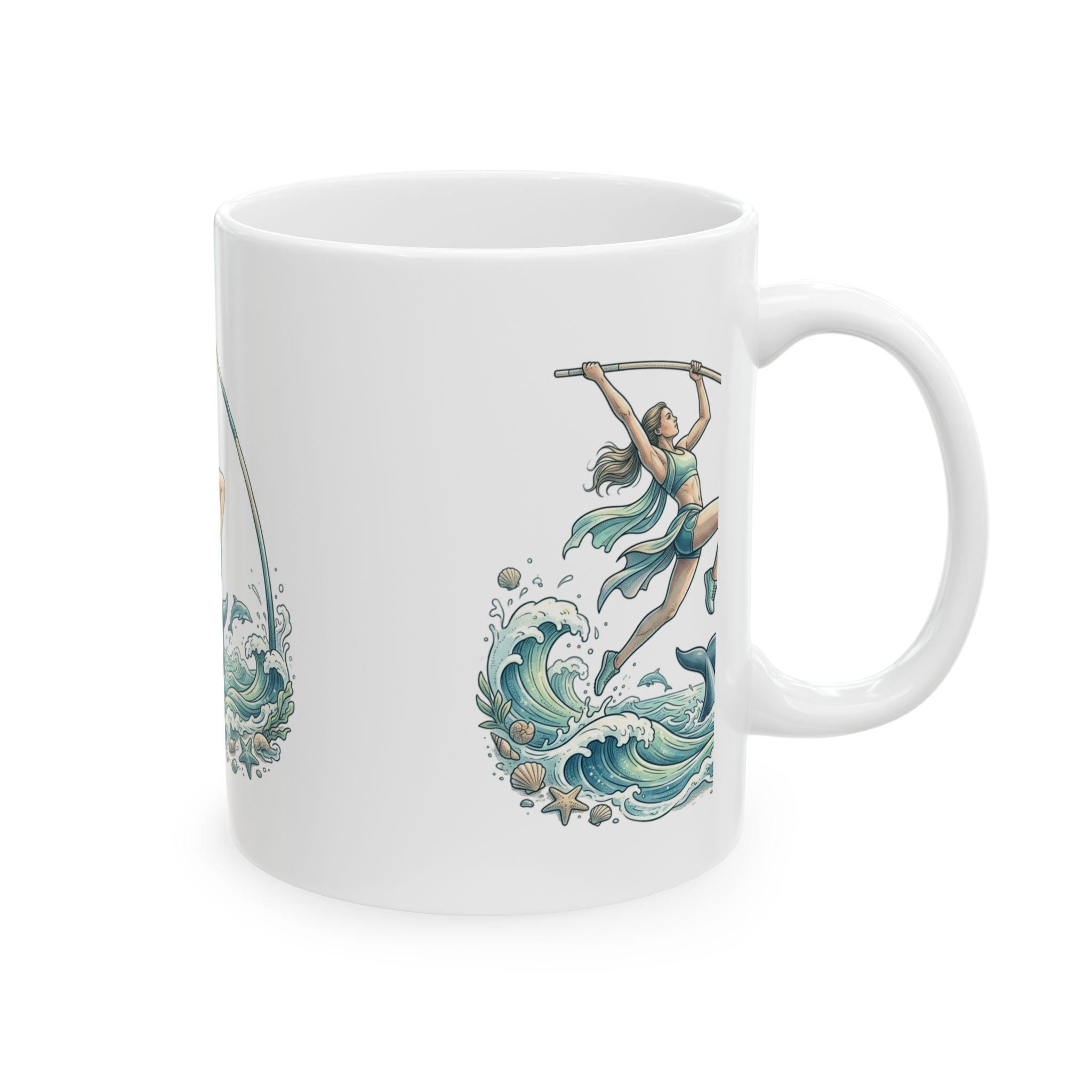Pole Vaulter Mermaid Waves Ceramic Mug — Athletic Ocean Art Coffee Cup