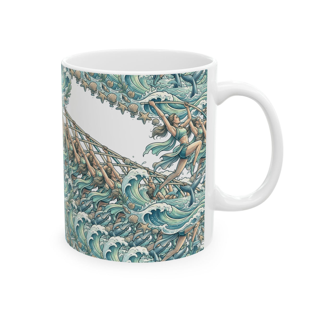 Copy of Pole Vaulter Mermaid Waves Ceramic Mug — Athletic Ocean Art Coffee Cup
