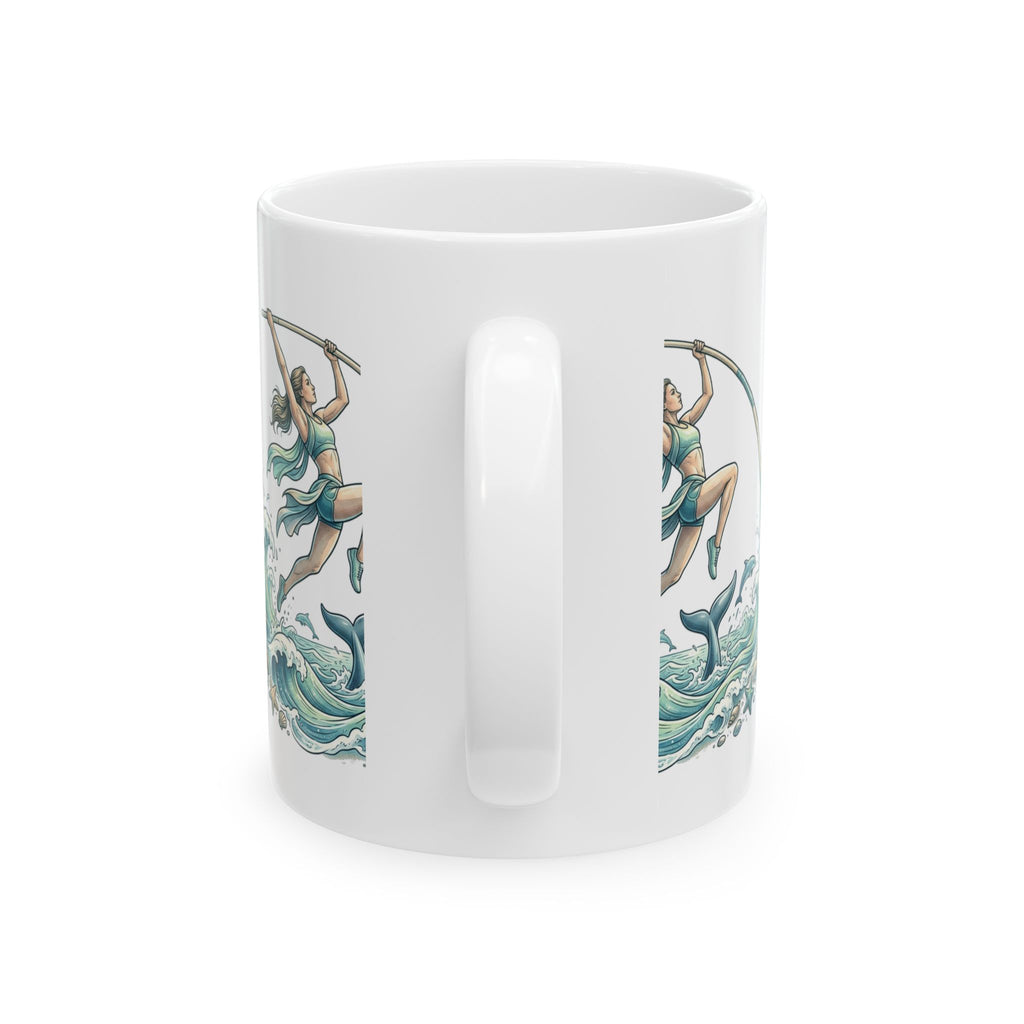Pole Vaulter Mermaid Waves Ceramic Mug — Athletic Ocean Art Coffee Cup
