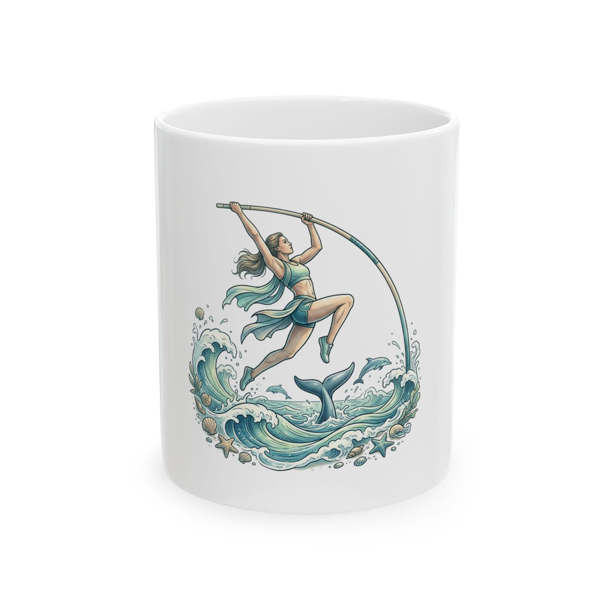 Pole Vaulter Mermaid Waves Ceramic Mug — Athletic Ocean Art Coffee Cup