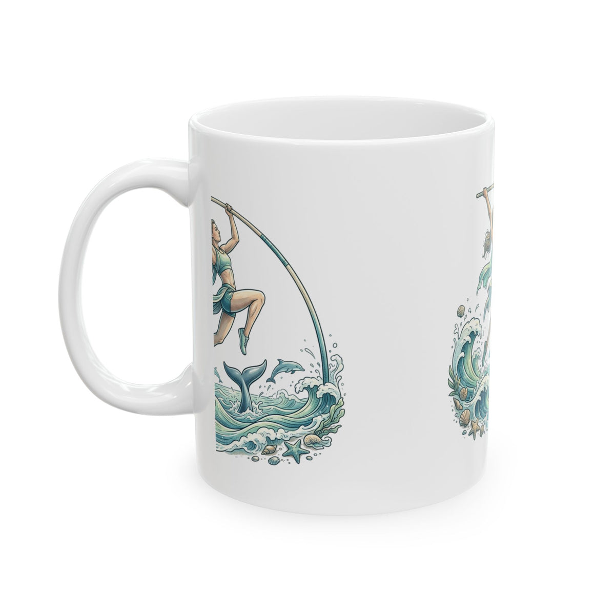 Pole Vaulter Mermaid Waves Ceramic Mug — Athletic Ocean Art Coffee Cup